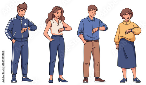 Diverse group of people checking time on smartwatches