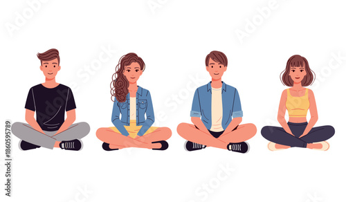 Group of young caucasian adults sitting cross-legged in casual attire