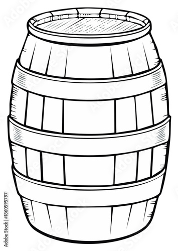 Classic Wooden Barrel with Metal Bands Line Art Illustration