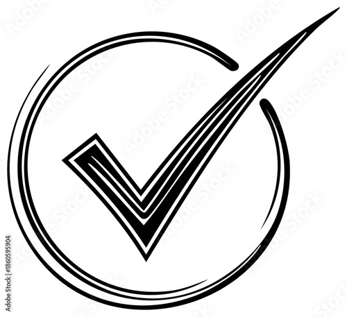 Bold black check mark inside a circular stroke symbol for approval and agreement