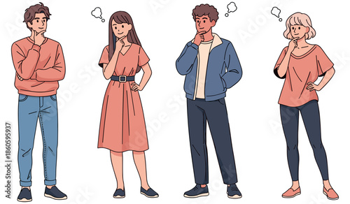 Diverse group of young people in thoughtful poses with question marks