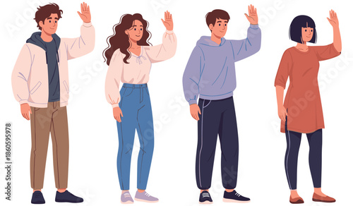 Diverse young adults waving in casual outfits