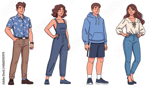 Diverse cartoon characters - young caucasian male and female in casual outfits