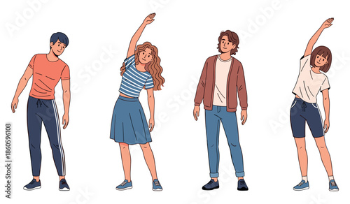 Group exercise routine with diverse young adults stretching together