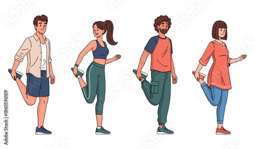 Diverse group stretching together: young caucasian male, asian female, african male, caucasian female