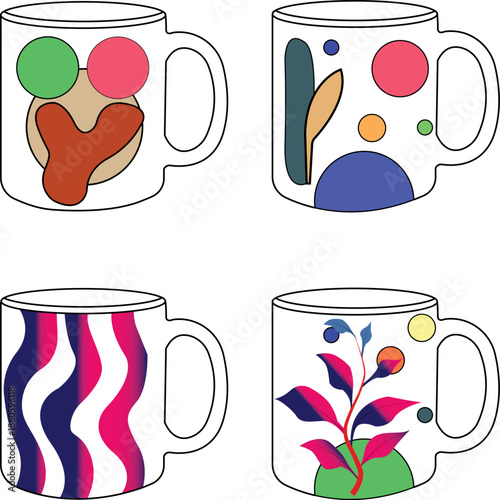 Vector illustration of a colorful set of tea cups featuring various shapes and patterns 