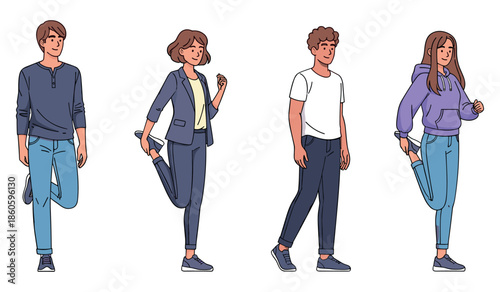 Diverse group of young adults stretching and walking in casual attire