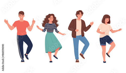Diverse young adults dancing in casual attire on white background