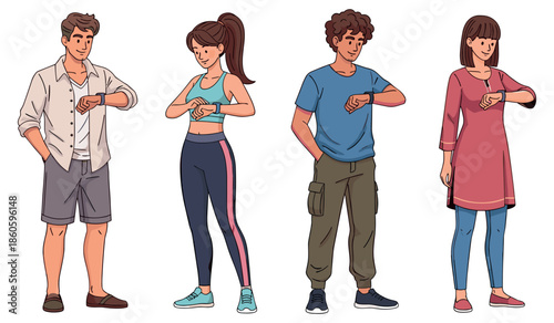 Diverse young adults checking smartwatches in casual attire