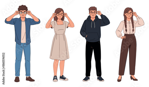 Diverse group of young adults with glasses in casual and formal outfits