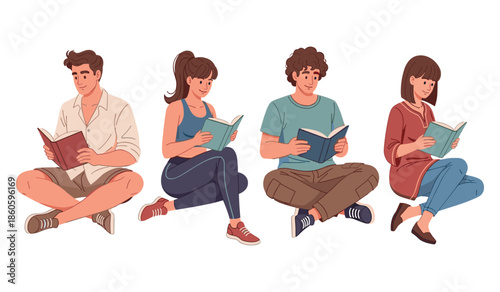 Diverse young adults reading: caucasian and hispanic men and women engaged in books