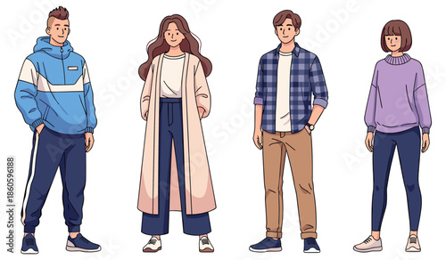 Diverse young adults in casual clothing: two males, two females standing