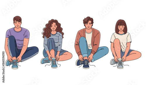 Group of young adults tying shoes seated on floor