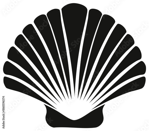 Stylized black scallop shell silhouette. Vector graphic icon of a fan shaped marine seashell.