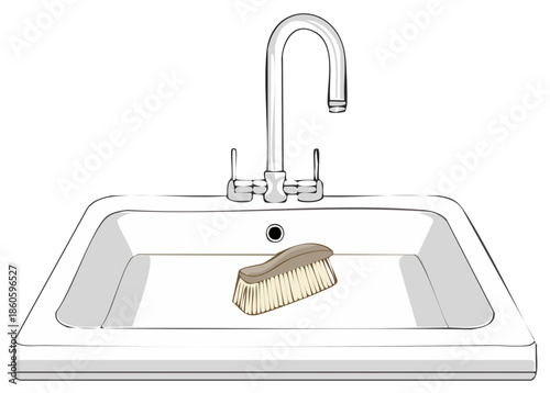 Kitchen Sink with Faucet and Scrub Brush Vector Illustration