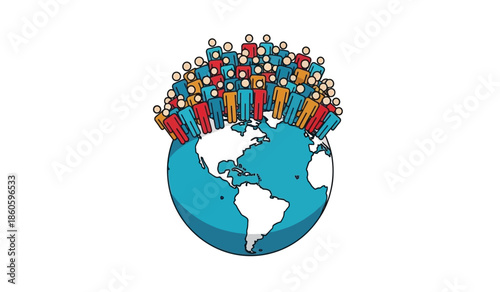 People of the world gathered around a globe representing global community