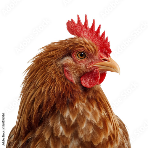 Chicken With Red Comb and Feathers Close-Up in a Clean Background