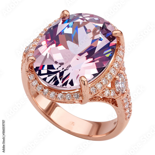 Large Pink Gemstone Ring With Gold Accents Displayed on White Background for ...