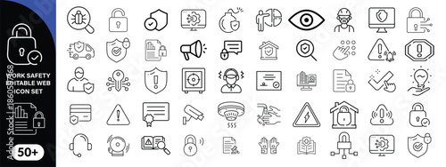 Work Safety editable stroke outline web icons set. Safety first, hazard, protection, health, insurance, regulations, helmet and work. Vector illustration design big icon set design 
