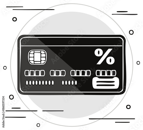 Hand drawn payment card with percentage symbol and chip representing financial transactions and savings.
