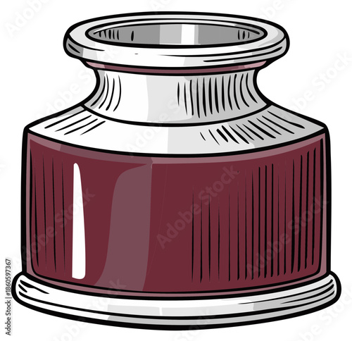 Illustration of antique inkwell with purple ink for calligraphy or writing purposes in old style