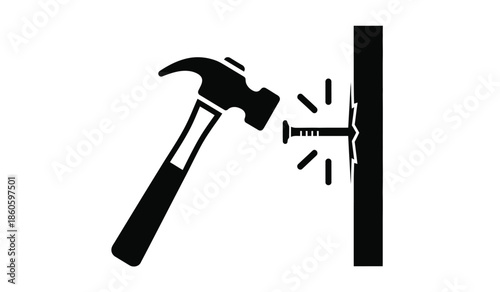 Hammer striking a nail into a wooden surface simple black and white icon