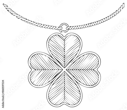 Drawn four leaf clover pendant necklace, good luck charm illustration, symbolic sketch of lucky clover on chain, symbolic fortune jewelry