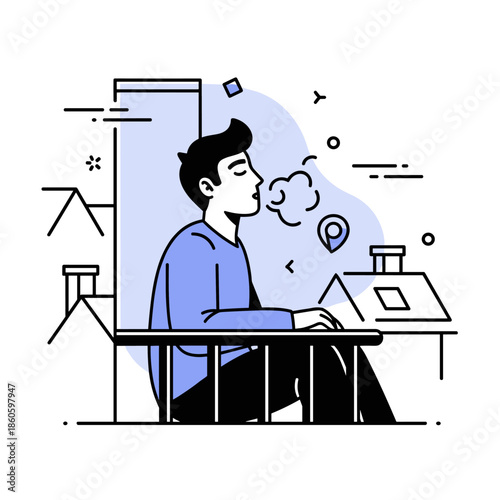 Male relaxation: young caucasian adult meditates by urban window with abstract style