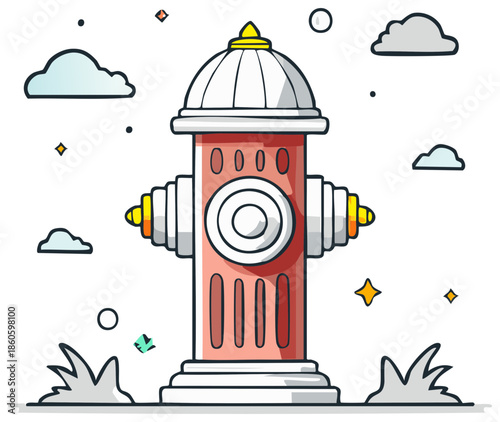 Cartoon red fire hydrant vector illustration with clouds and stars
