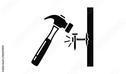 A hammer striking a wall causing a crack to appear