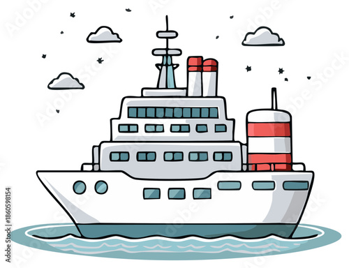 White cruise ship sailing on sea with clouds and stars in sky illustration