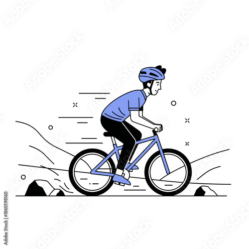 Young caucasian male cyclist riding mountain bike on trail with helmet and blue clothing
