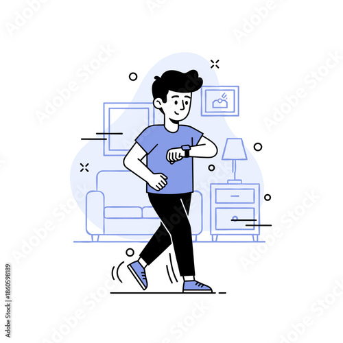 Young caucasian male checking smartwatch while walking indoors