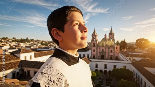 Young acolyte gazes towards church in sunlight showing faith and spirituality on a rooftop with beautiful architecture