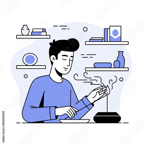 Young asian male enjoying aromatic incense in minimalist room setting