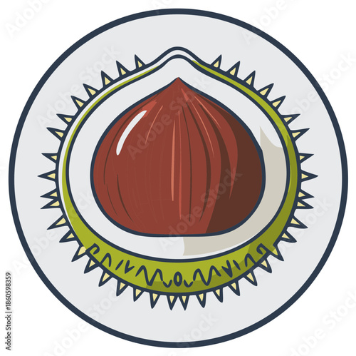 Vibrant vector illustration of a brown chestnut emerging from its spiky green burr husk