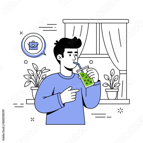 Young caucasian male enjoying bubble tea in indoor setting