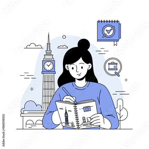 Asian female young adult planning travel to london with journal and landmark illustration