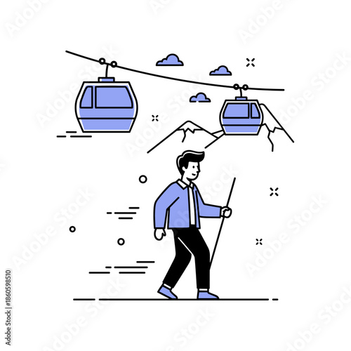 Line art of young male hiking in mountain landscape with cable cars and snowy peaks