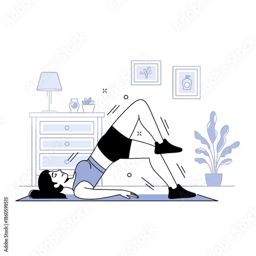 Young caucasian female doing home workout with bridge exercise in cozy living room