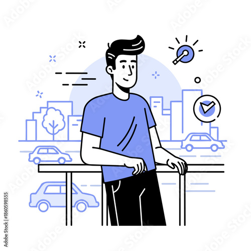 Young caucasian male cartoon character relaxing in urban cityscape with cars and buildings