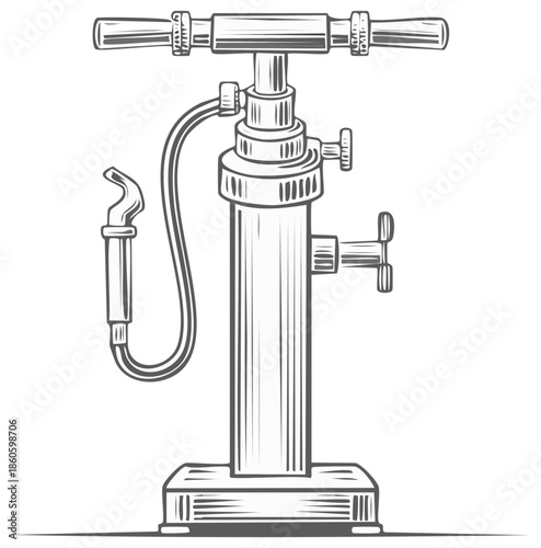Vintage Hand Operated Air Pump Device Illustration Retro Mechanical Inflator Equipment Outline