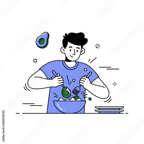 Young caucasian male preparing avocado salad in kitchen cartoon illustration