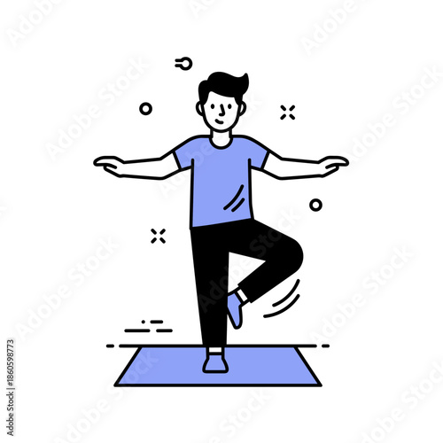 Young male cartoon character practicing yoga in tree pose on mat