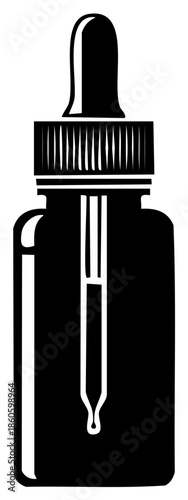 Apothecary bottle with dropper icon, black liquid essence, simple minimalist vector