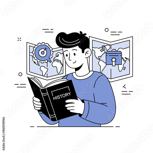 Young caucasian male studying history with world maps and gear icons in background