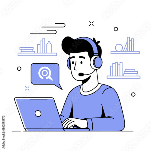 Young caucasian male help desk operator working remotely with headset