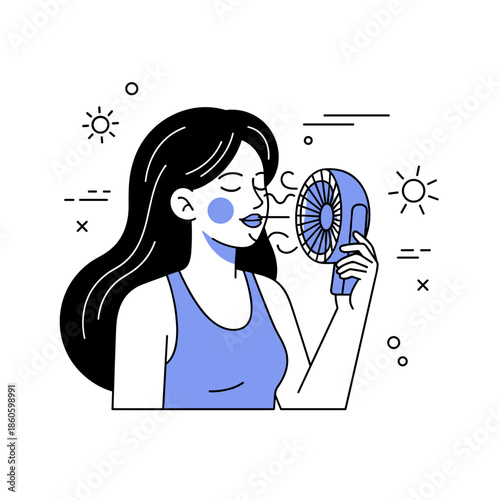 Young caucasian female cooling with portable fan on a hot summer day