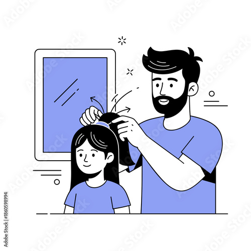 Father braiding daughter's hair in front of mirror - caucasian male adult and female child