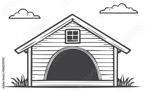 Rustic wooden shed with arched entrance and small window under clouds in simple line art style